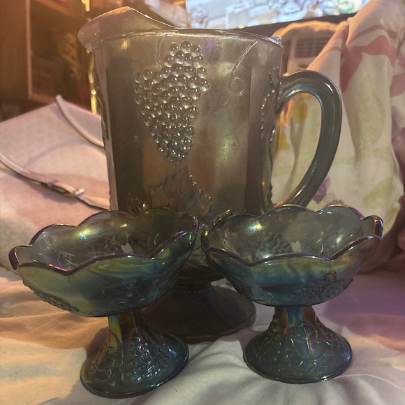 Vintage blue pitcher and candle sticks carnival glass. - Picture 7 of 7